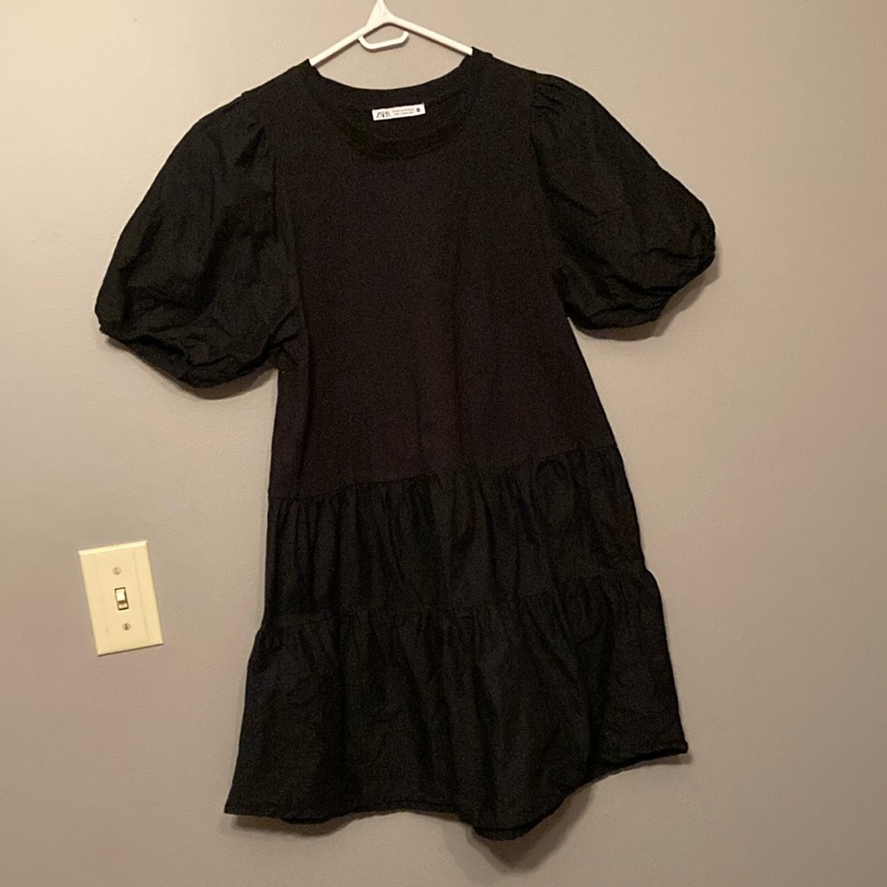 Zara Black 100% Cotton Ruffled Tiered Sundress with Puff Sleeves